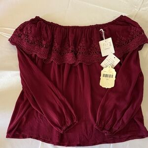 Altar’d State Off-Shoulder Lace Trim Peasant Top - Wine